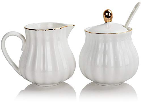 Sweejar Home Royal Ceramic Sugar and Creamer Set, 3 Piece Set with Cream Pitcher, Sugar Bowl, Sugar Set with Lid & Spoon, Coffee Serving Set Wedding Gift (White New)