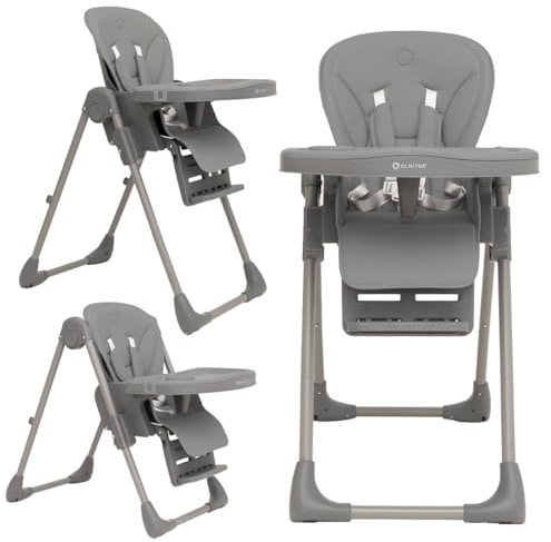 Olmitos Trona bebe multi posición ligera- Ajuste de altura y reclinable - Doble bandeja extraíble 3 posiciones - Funda de Polipiel Acolchada fácil limpieza- Arnés 5 Puntos hasta 3 años (Gris)