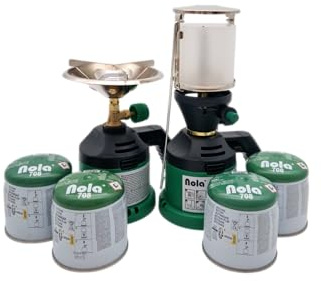 NOLA Set da campeggio + fornello a gas + 4 cartucce di gas pungente + lampada