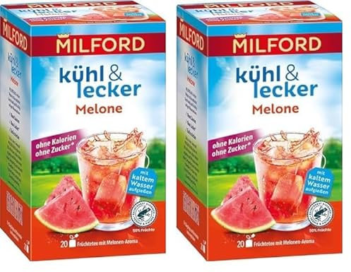 Milford kühl & lecker Melone | Ohne Kalorien | Ohne Zucker | Laktosefrei | Glutenfrei | Vegan | 20 Teebeutel | 50 g (Packung mit 2)