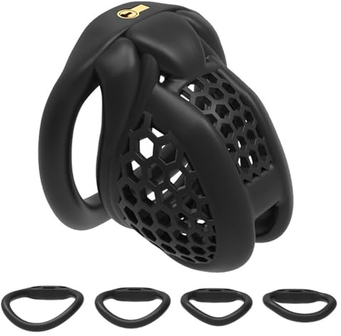 Mens Lightweight Honeycomb Chastity Cage with 4 Sizes Rings, Male Comfortable Penis Devices - HA13 (Black, Nano)