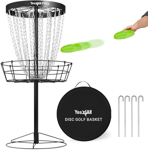 Yes4All Metal Portable Disc Golf Basket with 24 Heavy-Duty Chains – Regulation-Size Target for Practice & Competition, Stable Steel Base, Rust-Resistant Finish, Easy Assembly Portable