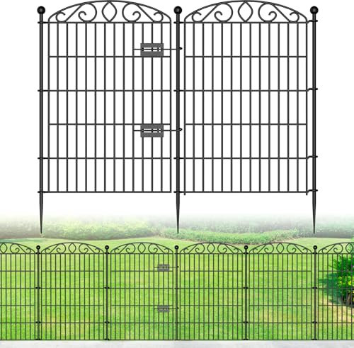 No Dig Decorative Garden Fence 6 Panel with Gate - 36in H x 12ft L, Tall Animal Barrier for Dogs Rabbits, Rustproof Metal Wire Panels for Yard, Patio, and Outdoor Border Use
