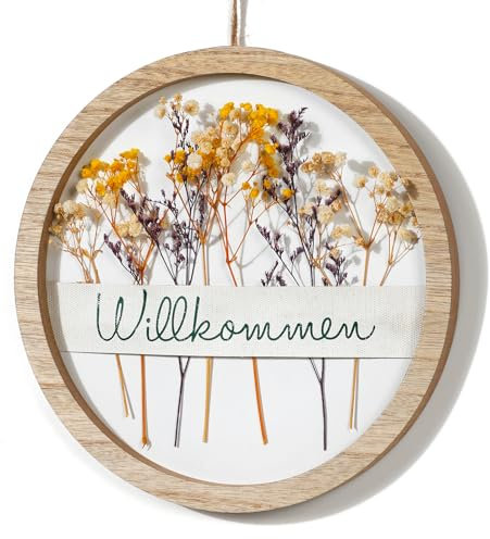 JUJOYBD Corona redonda para puerta con flores secas, cartel de bienvenida, 26 cm, corona decorativa con marco de madera, decoración de pared bohemia para colgar en la puerta de casa, salón, ventana