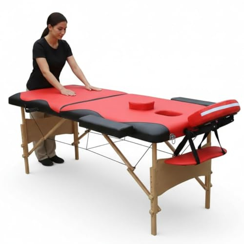 Mucola Massageliege 2 Zonen Tattooliege Holz | klappbar und höhenverstellbar | Portable Massagebank inkl. Zubehör Kopfstütze, Armlehnen und Tragetasche - Rot/Schwarz