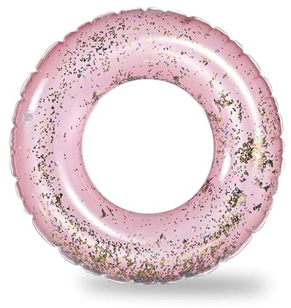 Paljetter hjärtformad uppblåsbar simring för barn, vuxna, rosa konfetti – 90 cm