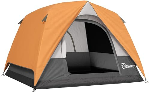Outsunny 3-4 Person Camping Tent, Easy Set Up Waterproof Dome Tent with Sewn-in Groundsheet, Mesh Windows, Pocket and Hook for Camping, Hiking, Backpacking, Orange and Grey