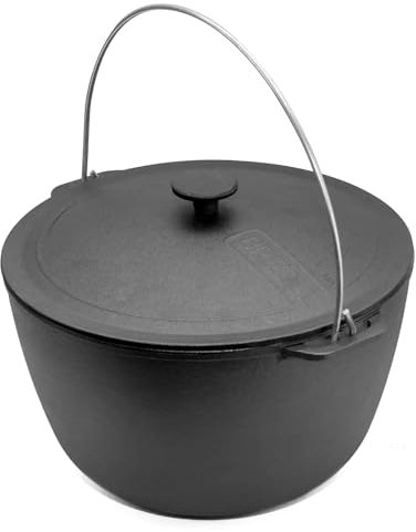 Kazan Marmite pivotante en fonte avec anse et couvercle en fonte, 12 l, casserole de camping, marmite à goulache, marmite en fonte avec couvercle Asia Wok pour l'extérieur, barbecue, camping