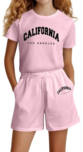 Generisch Vêtements de sport pour filles - Ensemble t-shirt et short - 2 pièces - Confortable et respirant - Survêtement d'été - Survêtement de jogging - Ensemble de sport pour enfants de 4 à 14 ans