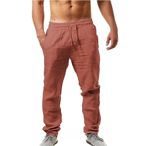 Pantalón de tela fino para hombre, de un solo color, transpirable, algodón, lino, pantalón de ocio suelto para hombre, pantalón de pijama para hombre, rojo, L