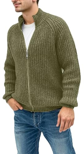 Cexiakong Suéter de punto para hombre de moda monocromático cárdigan informal cómodo cárdigan de punto suelto otoño invierno con cremallera Cárdigan monocolor cuello alto chaqueta tradicional, O Verde