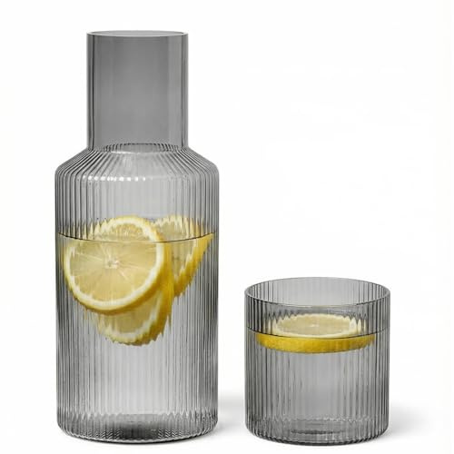 Set di Caraffa in Vetro Per Comodino Con Tazza, Caraffa d'Acqua da Notte, con Bicchiere di Vetro,1000Ml, per acqua notturna, teiera per Comodino, Camera da Letto, Bagno (Grigio fumo)