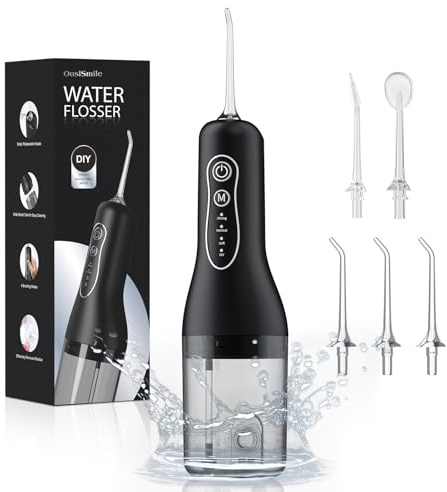 Irrigador Bucal Portatil, OasiSmile Irrigador Dental Inalámbrico Profesional 5 Boquillas 4 Modos, Modo DIY Ajustable, IPX7 Impermeable 260ML USB-C Recargable Limpiador Interdental, Casa y de Viaje
