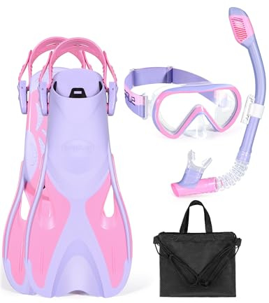 Supertrip Set per Snorkeling per Bambini con Pinne, Maschera Subacquea Panoramica a 180°, Pinne Regolabili e Boccaglio Dry Premium，Set da Snorkeling 4 in 1 per Bambini dai 6 ai 14 Anni