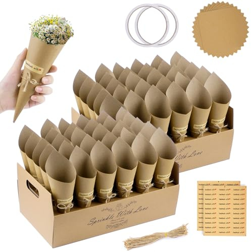 KORVORIA 60 Conos Arroz Boda con 2 Soportes, Cucuruchos de Papel Kraft para Pétalos, Confeti y Chuches, Kit de Conos Boda DIY con Pegatinas y Cuerda para Decoración, Comunión, Mesa Dulce