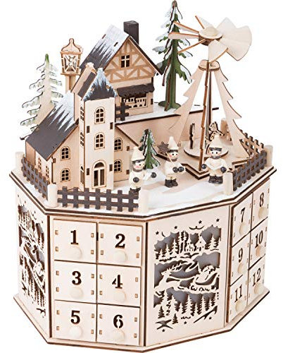 Small Foot Adventskalender mit Pyramide aus Holz, detailreich gestaltet mit Beleuchtung, mit 24 Schubladen, 10997, Natur