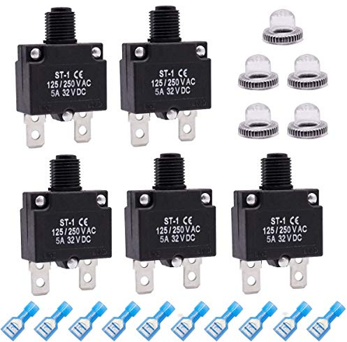 mxuteuk 5Pcs 5Amp Circuit Breakers Push Button Manual Reset 125/250V AC 32V DC,Overload Protector Switch Thermal Circuit Breakers with Quick Connect Terminals and Waterproof Button Caps ST1-5-5A