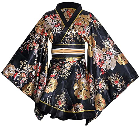 HUAHUA Womens Sexy Short Kimono Dress Floral Print Japanese Traditional Geisha Yukata Robe Bathrobe Skirt Belt Outfit (D05-Black, One Size)