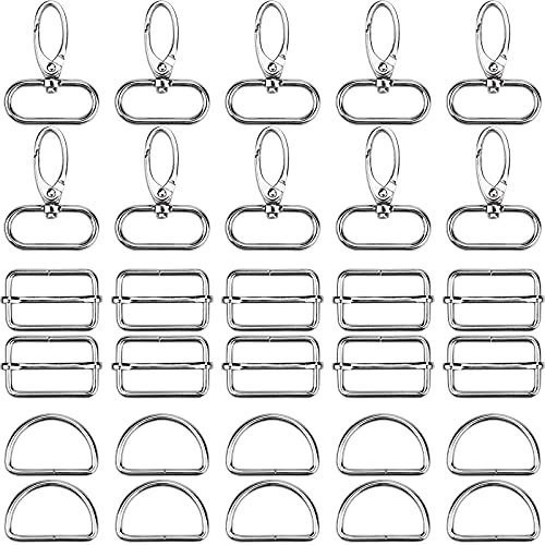 Julyee 30 Stück Karabiner für Taschen 32mm Karabinerhaken D-Ringe Schiebeschnalle Gurtversteller Metallringe Abnehmbare Drehverschlüsse für Schlüsselanhänger Band Tasche Zubehör Silber