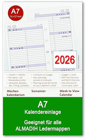 Inserto per calendario 2021 (1 settimana su 2 pagine a forma di colonna) per cartelle in pelle ALMADIH A5 – Calendario di ricambio – Agenda giornaliera con calendario orario (A5 colonne 2021)