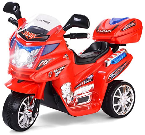 COSTWAY 6V Kinder Elektromotorrad mit Buntem Scheinwerfer, Musik, Vorwärts- und Rückwärtsfunktion, 3 km/h, inkl. Stauraum, geeignet für Kinder ab 3 Jahren (Rot)