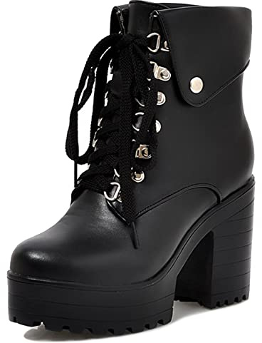 Lroey Reoly Bottines à Talon Bloc Femme, Bottes Habillées Talons Hauts Bout Rond Bottines Lacets Plateforme 208 Noir/Lm Taille 45 EU
