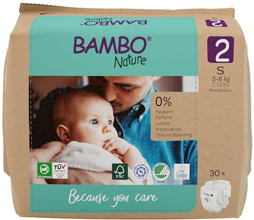 Bambo Nature Baby Windeln Größe 2 (3-6kg) 30 Stück | Premium Diapers mit verbesserter Auslaufsicherheit | Ultimativen Komfort & Freiheit für Neugeborene | Dermatologisch getestet Nappies