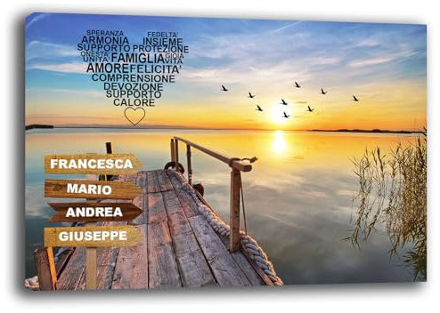 Printerland Quadro personalizzato NOMI FAMIGLIA Stampa su tela canvas personalizzata Famliari Amore Quadri moderni con Cornice in Legno Inclusa (50x70 cm, 4 NOMI)