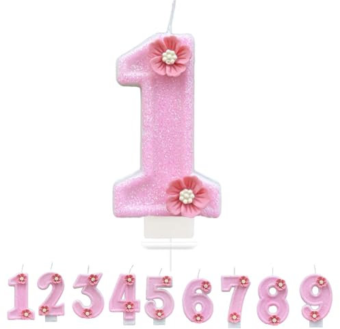 Bolosa Geburtstagskerzen Nummer 1, Geburtstag Kerzen 1, Rosa Kuchenzahl kerze, Geburtstagskerze mit Blume, Jubiläum 1 Jahre, Zahlenkerzen für Mädchen, Kinder, Geburtstagsfeier(Kerzen 1)
