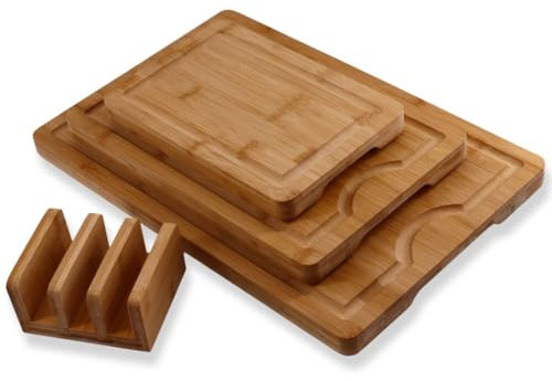 Lacers PurpleLine - Holzschneidebrett 4-teilig aus Bambus mit Saftrille & rutschfesten Füßen - Schneidebrett-Set mit Halterung – Nachhaltig langlebig vielseitig – Perfekt für Küche Fleisch Gemüse Brot