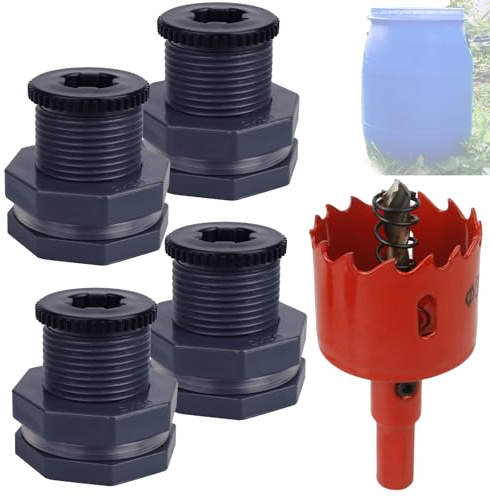 Rain Barrel Spigot Connector fit for Water Barrel 3/4 Bulkhead Fitting, 4 PCS Rain Garden Water Tank Hose Adapter Kit with Rain Barrel Overflow Spigot Plug and Hole Saw Tool (25mm ID Bulkhead)