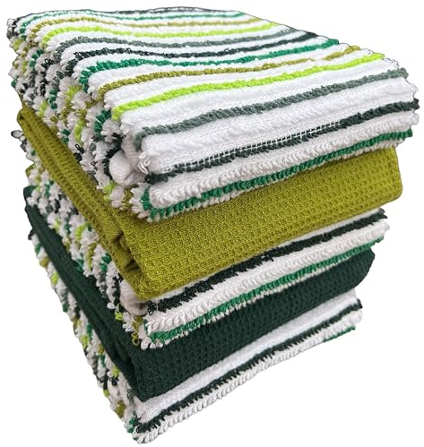 Olivia Rocco 5 Pack Striped Kitchen Tea Towels Cotton Super Absorbent Quick Drying Soft Ribbed Waffle Pot Towel, Green