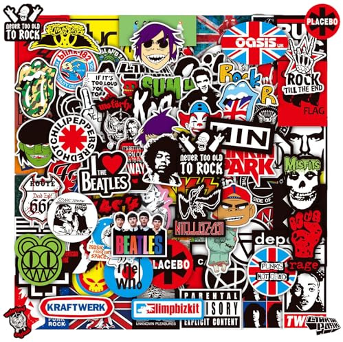 Autocollants Rock Band Punk, 100 Autocollants de Rock Roll, Classic Rock Autocollant, Musique Sticker Bomb Pack, Cool Metal Punk Stickers, pour Voiture, Moto, Vélo, Skateboard, Bagages
