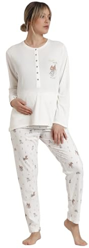 Disney Pijama Premamá Mujer Invierno Algodón y Poliéster – Pijama Bambi You Are So Loved con Tapeta de Lactancia y Pantalón Largo Cintura Regulable, Punto Suave, Color Crudo, Talla XL