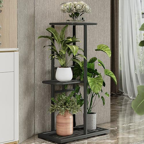 imuounl 3 Tier Metal Plant Stand Indoor Outdoor, Plant Shelf for Multiple Flower Stand Pot Holder, Storage Corner Shelf for Garden Patio Living Room Balcony（black）