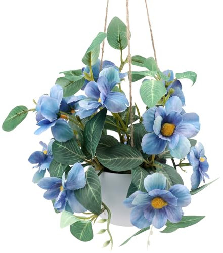 ginojex Cesta de flores artificiales colgantes para plantas falsas, decoración de bonsái para interiores, alféizar de ventana, porche, balcón, centros de mesa, color azul