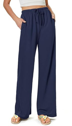 Glacspyg Femmes Pantalon Flowy Wide Leg de Loisirs Casual Beach Pantalon de Plage à Taille Haute Cordon Palazzo avec Poches Bleu Marine M