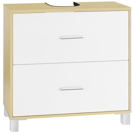 eSituro Meuble sous Lavabo Salle de Bain, Meuble sous Vasque, avec 2 Tiroirs, Découpe de Siphon 15x20 cm, en Bois d'Ingénierie E1, Pieds Surélevés, Blanc+Chêne, 60x30x60 cm