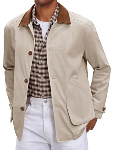 Runcati Mens Lightweight Jackets Button Down Casual Cotton Barn Jacket Vintage Military Fall Outwear with Pockets Apricot