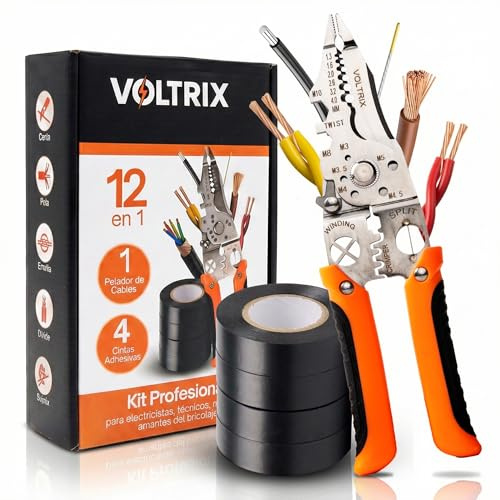 VOLTRIX | Alicates Pelacables Electricista 12 en 1 – Pela Cables de Electricidad – Pelador de Cables + 4 Cintas Aislantes – Acero Inoxidable – Kit Herramientas Electricista