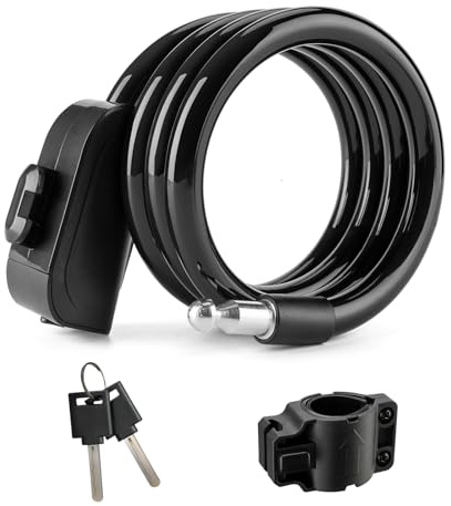 ROCKBROS Candado Antirrobo para Bicicleta 110 cm, Candado de Cable en Espiral de Alta Seguridad, Flexible y Ligero con 2 llaves y Soporte para Bicicleta Eléctrica, Scooter, Cochecito de Bebé, Negro