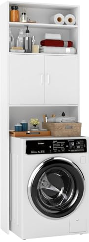 Songvas Mueble Lavadora, Armario sobre Lavadora/WC/Secadora con Puertas y Estantes Abiertos, Mueble Alto Ahorra Espacio,para Baño y Lavandería, 185 x 63 x 20 cm, Blanco
