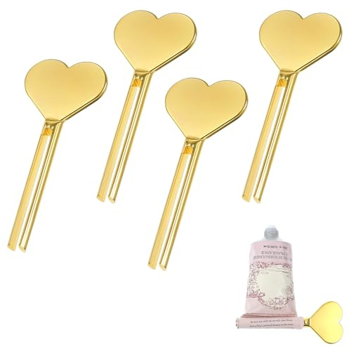 Classicseali 4 Stück Zahnpasta Squeezer, Tubenquetscher Edelstahl, Herzförmiger Tubenausdrücker Metall für Zahnpastatuben, Pigmente, Kosmetika und Haarfärbemittel, Gold