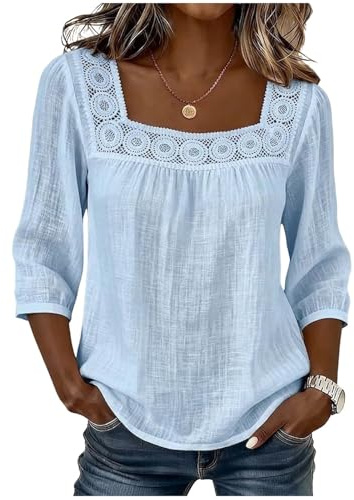 Chemisier Femme Chic et Élégant Chemise Coton et Lin Col Carré Dentelle Manches 3/4 Coupe Ample Tee Shirt Été Fluide Lâche Respirant Couleur Unie Haut Tunique Décontracté Dentelle