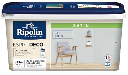 RIPOLIN - Peinture Intérieure Multi-Supports – Murs, Boiseries & Radiateurs – Ultra-Couvrante – Lessivable – Application Facile – Ecolabel - Satin - 2,5L - Gris Souris
