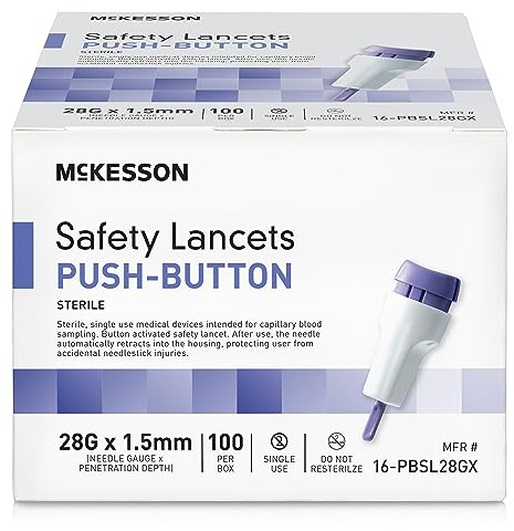 McKesson Lancets for Diabetes Testing [100 Count] Lancing Device for Blood and Glucose Test, 28G x 1.5 mm, Push Button Activation, Sterile, Single Use