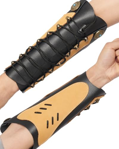 TOPARCHERY Handmade Leather Arm Guards Bow Hand Shooting Glove Adjustable for Hunting Shooting Arm Protector Wristband Gauntlet Unisex Medieval Bracer (Brown)