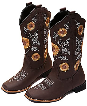 Women's Sunflower Cowboy Boots Cowgirl Square Toe Mid Calf Low Heel