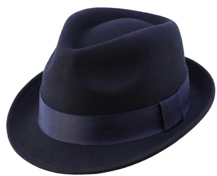 Decentron Cappello invernale da uomo in feltro di lana - Cappello Fedora a bordo corto, Blu marino, 36W x 33L