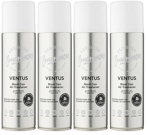 Designer Fragrances 4 Pack Ventus Air Freshener Blast Cans - For Home & Vehicles – Natural Oils, Luxury Lasting Smell, Dry Mist Quick Release Spray – Deodorise & Neutralise Odours – 300ml